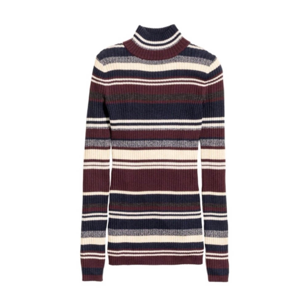 H&M L.O.G.G. DARK BURGUNDY/NAVY/GRAY/IVORY RIBBED KNIT MOCK TURTLENECK SWEATER S
